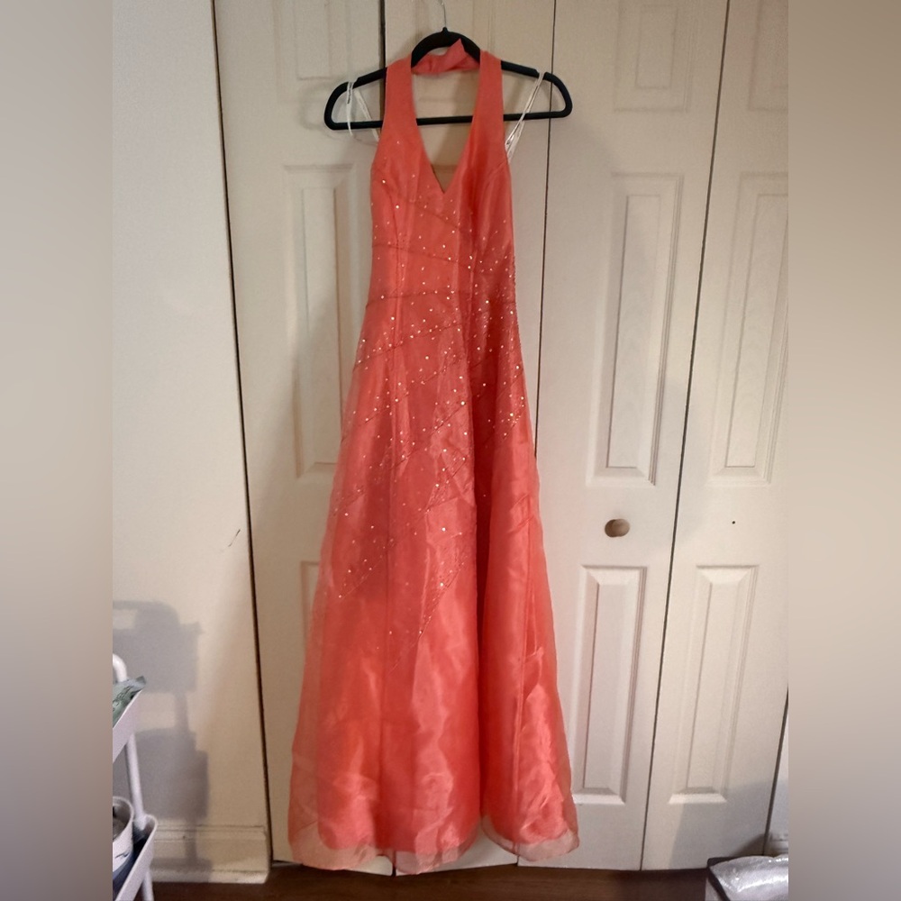 Morgan & Co. Orange and Pink Ruched Embellished Gown
